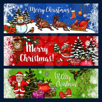 Merry Christmas sketch banner for winter holidays greeting card. Santa with Xmas tree and gift, snowman and reindeer sleigh, decorated with holly berry and pine branch, sock, ball and snowflake
