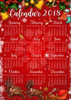 Christmas and New Year holidays calendar with frame of Xmas sketches. 2018 year calendar template, decorated with Christmas garland of holly and pine, bell, candy and sock, Santa sleigh with reindeer