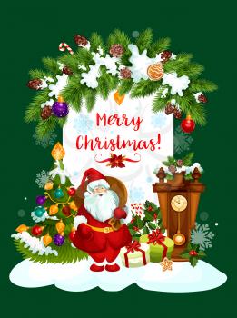 Merry Christmas greeting card design of Santa gifts and Christmas tree in New Year decorations garland. Vector eve clock and holly wreath, golden bell and gingerbread cookie for winter holidays wishes