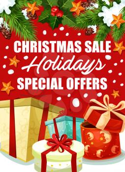 Christmas gift sale offer poster of Xmas and New Year holidays. Boxes of Christmas presents with ribbon and bow banner design, decorated by pine and holly branch with star, snowflake and pinecone