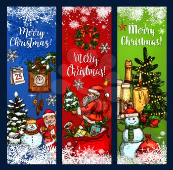 Christmas Day greeting banner with Xmas tree and gift sketches. Santa Claus and snowman with presents, candle and calendar festive card design with Christmas wreath, snowflake, ribbon and star