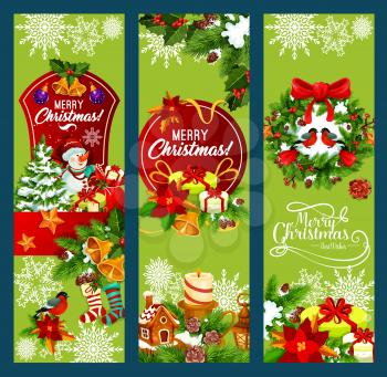 Merry Christmas holiday greeting banners design. Vector Santa gift bag and snowman, stockings and holly wreath decoration or lights garland on Christmas tree for New Year winter season wishes