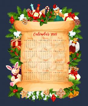 2018 calendar template design of Christmas tree decorations or New Year garland and Santa toy gifts frame. Vector holly wreath, golden bell and angel in snowflakes on paper scroll background