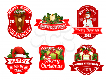 Merry Christmas and Happy New Year icons for 2018 greeting card design. Vector Santa gifts, Christmas tree and decoration wreath ribbon, snowman and golden bell garland of stars for winter holidays