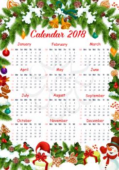 2018 calendar of Christmas and New Year decoration ornament template design. Vector frame of Christmas tree garland, Santa gifts or golden bell and star, snowman and holly wreath in snowflakes