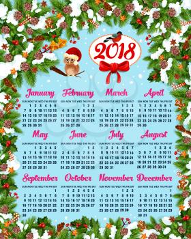 Calendar template with Christmas and New Year holidays decoration. 2018 year calendar, framed with Xmas wreath of pine and holly branch, star, bell and candy, gingerbread man cookie and ribbon bow