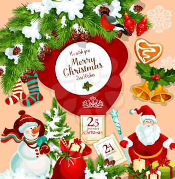 Merry Christmas wish or greeting card design of Christmas tree decoration, Santa gifts bag and snowman with 25 December calendar and holly wreath. Vector New Year stockings, cookie and golden bells