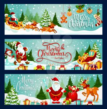 Merry Christmas greeting and wishes banners for winter holiday season design. Vector Santa with gifts bag, reindeer and sleigh at Christmas tree, New Year decoration holly wreath, sock and golden bell
