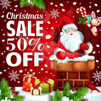 Christmas sale poster for winter holiday gift shop discount offer. Vector Santa in chimney with toy gift, Christmas tree decoration garland of bell, snowflake and holly wreath for New Year sale season