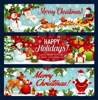 Christmas festive banner of Santa sleigh with gift. Santa Claus, snowman and reindeer sleigh with gift bag, candle, calendar and candy greeting card, adorned with snowflake, star, bell and holly berry