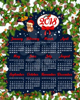 2018 calendar design template of Christmas or New Year decoration, owl in Santa hat and holly wreath with red ribbon bow on Christmas tree. Vector golden bells and frame of fir and pine tree branches