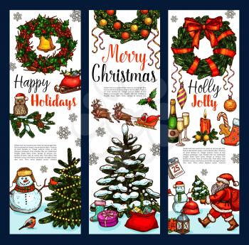 Christmas wreath greeting banner for Xmas and New Year holidays. Christmas tree and holly berry wreath with bell, ribbon bow and ball, Santa Claus, snowman and gift, candy, cookie and sock sketches