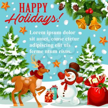 Happy Christmas and New Year greeting poster for winter holidays. Snowman with Xmas tree and reindeer, red gift bag with candy cane and present box, pine and holly branch with bell, star and snowflake