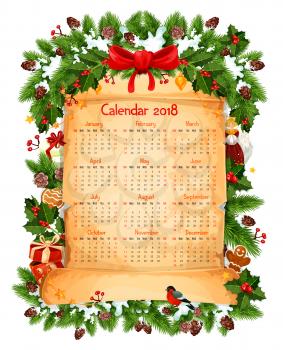 2018 calendar of Christmas winter holiday decoration, red ribbon bow or holly wreath garland and Santa gifts on paper scroll. Vector New Year snowflakes, bullfinch and golden bells in fir tree frame