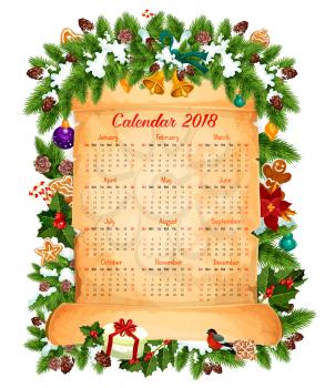 2018 calendar template of Christmas tree decorations and New Year Santa gifts frame. Vector golden bell and star garland, holly wreath and gingerbread cookie with poinsettia on fir or pine branch