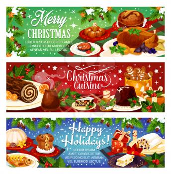 Christmas holiday dinner or party cuisine cookies and pies, mulled wine or champagne on New Year table. Vector design of Christmas tree, Santa gift and garland decoration of holly wreath and snowflake