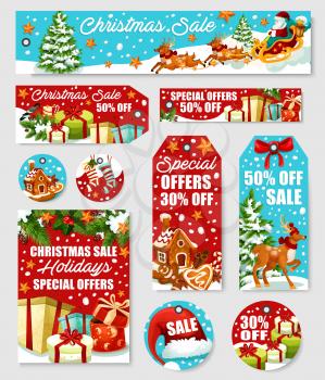 Christmas sale tag and discount label set. Xmas gift, tree and Santa sleigh with reindeer, pine and holly branch with star, candy and sock, cookie, hat and ribbon bow for winter holidays special offer