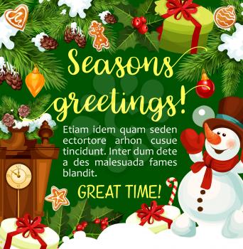 Christmas or New Year winter season greeting card and wishes. Vector Christmas tree, snowman and Santa gifts at clock, holly wreath garland and golden bells decoration in snow and gingerbread cookie