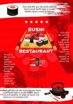 Japanese sushi restaurant menu poster template. Vector design of Asian cuisine sushi rolls, bento seafood soup and tofu noodles, salmon philadelphia or tuna sashimi and tempura shrimp with chopsticks