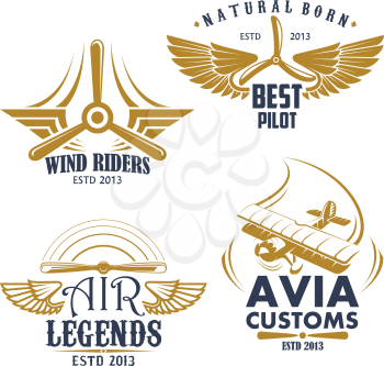 Aviation pilots and retro airplane icons. Vector isolated set of aircraft propeller and wings for avia customs badges, airscrew for air flight legend or best adventures and sport team