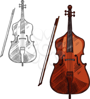 Contrabass musical instrument or violin with bow sketch icon. Vector isolated string music cello or fiddle, violoncello or viola for classic music concert design or orchestra jazz festival label
