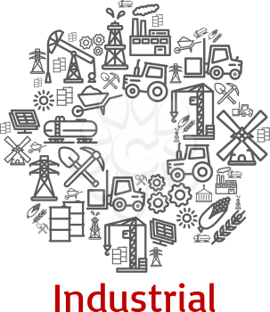 Industrial cogwheel poster or symbol of farm agriculture, heavy industry or machinery outline icons. Vector tractor, wheat or electricity pole and windmill, oil tank or plant and construction winch