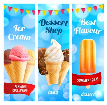 Ice cream dessert shop banners for gelateria cafe menu template. Vector set of sweet fresh frozen ice in scoops, wafer or waffle cones with strawberry soft cream, sundae or sorbet with chocolate glaze
