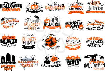 Happy Halloween icons set for party or holiday greeting card. Vector set of orange Halloween pumpkin lantern, ghost or zombie and vampire, witch at haunted graveyard, skeleton skull and coffin