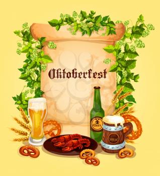 Oktoberfest beer festival poster template. Vector beer mug or glass of ale or pint and traditional German snacks of fish kipper or pretzel and meat grill sausages, hop or barley and wheat ears