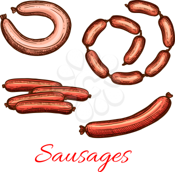 Sausages bunches icons. Vector sketch set of meat sausage sorts for butchery shop delicatessen of pork chorizo, lyon or chipolata roll with kielbasa or pepperoni and frankfurter bacon bratwurst