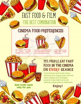 Fast food burgers, sandwiches and snack poster for cinema bar or bistro of cheeseburger, pizza or hot dog and soda drink combo. Vector sketch fastfood hamburger, ice cream or popcorn and donut dessert