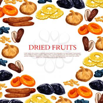 Dried fruits poster of sweet dry fruit snacks. Vector raisins, prunes or dried apricots, dates or figs and pineapple, cherry or nuts and fruit desserts for shop or market template