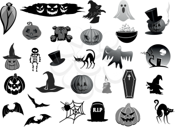 Halloween holiday icons set. Vector isolated pumpkin lantern, witch or zombie and skeleton on graveyard, tombstone and death scythe or black cat and ghost in coffin for Happy Halloween party design