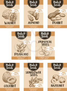 Nuts price posters or cards templates. Vector sketch set of coconut, almond or peanut and pistachio, pumpkin and sunflower seeds, walnut and hazelnut snack for nut shop or market percent discount