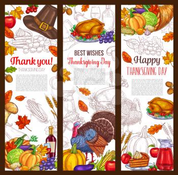 Thanksgiving day banners set for seasonal autumn greeting card or wishes. Vector design of turkey, fruit pie or maple leaf and oak acorn, wine or mushroom and pumpkin cornucopia harvest or pilgrim hat