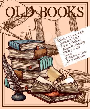 Old books poster of antique manuscript paper rolls and ink quill feather pen in inkwell. Vector sketch retro bookshop with writing stationery of brown rough paper sheets and literature books
