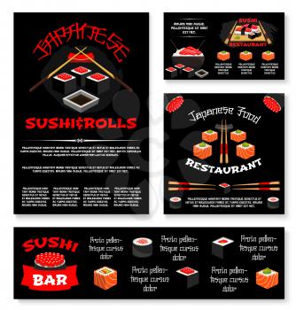 Sushi bar or Japanese restaurant banners and posters templates set. Vector menu of sushi rolls, tuna or salmon fish sashimi and unagi maki or Philadelphia sushi, bento lunch, rice and chopsticks