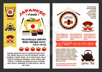 Japanese food or sushi reataurant posters templates set for menu. Vector Asian cuisine design of fish sushi rolls, tuna sashimi or eel unagi maki and rice, chopsticks and green tea pot