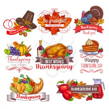 Thanksgiving day greeting sketch icons of turkey and wine, fruit pie, pumpkin or corn harvest, maple leaf or oak acorn on pilgrim hat. Vector sketch set for Thanksgiving cornucopia traditional holiday