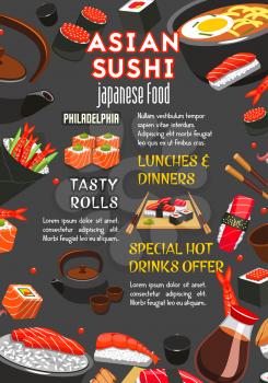 Asian cuisine Japanese sushi food restaurant or bar poster for menu. Vector sushi rolls with salmon and eel, unagi maki and fish sashimi in nori seaweed and chopsticks or ramen noodles and wasabi