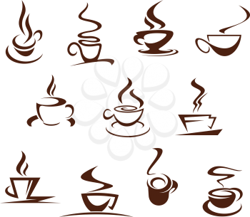 Coffee cups icons for coffeehouse, cafeteria or coffeeshop cafe sign design. Hot steamy chocolate mug, strong espresso or latte macchiato and americano outline of hot steam drink. Vector isolated set