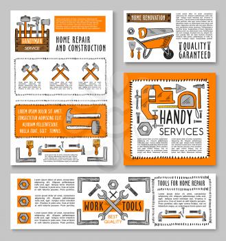 Home repair work tools and hardware store banners and posters. Vector sketch construction tools, carpentry hammer or saw, woodwork drill or screwdriver, house renovation trowel and paint brush