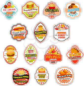 Fast food restaurant icons for fastfood delivery or takeaway menu burgers. Vector isolated sandwiches and cheeseburger, pizza or hot dog burger and soda drink or ice cream or popcorn and donut