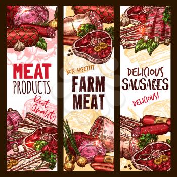 Meat or butcher shop farm products sketch banners. Vector design of beef steak and chicken grill in salad, lamb filet and pork bacon or tenderloin and smoked hamon sausage or brisket for market