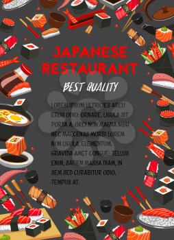Japanese cuisine restaurant poster for sushi bar or Asian food menu. Vector design of noodles or seafood soup or ramen noodles with rice, salmon fish or tempura shrimp sushi rolls and chopsticks