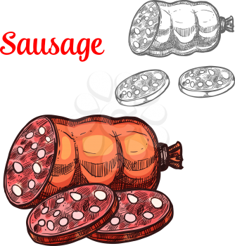 Sausage sketch icon for meat delicatessen food or butcher shop farm product. Vector salami, sliced pepperoni sausage or cervelat and chipolata gourmet deli meat smoked or baked of pork and beef