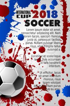 Soccer international championship cup 2018 in Russia event poster for football tournament. Vector design of soccer ball and victory goal cup with red, blue and white color splash background