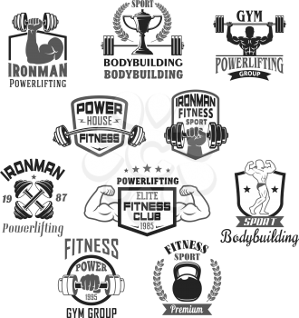 Gym and ironman bodybuilding or fitness club or workout sport center icons templates set. Vector badges of muscle man biceps arm with barbell and powerlifting dumbbell with stars and winner cup