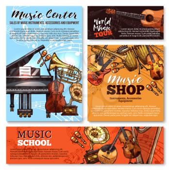 Musical instruments shop sale sketch posters and banners templates. Vector design of music piano, guitar and orchestra harp, trombone and drums or gramophone, flute and fiddle violin and maracas