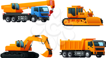 Construction or building machinery icons of industrial trucks and cars. Vector isolated flat set of excavator or bulldozer, winch crane and heavy loader or tipper trailer vehicle for road constructing